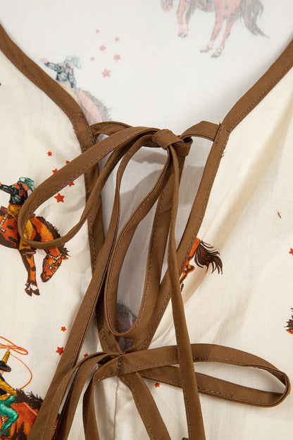 Apricot Cowboy Print Puff Sleeve Bowknot Peplum Blouse