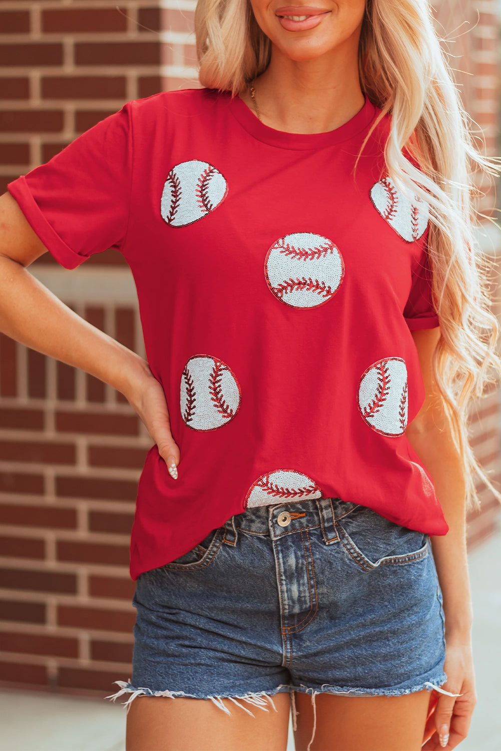 Red Glittering baseball  Pattern Crew Neck Game Day T Shirt
