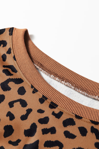 Khaki Stripe Color Block Patchwork Leopard Casual Sweatshirt with Slits