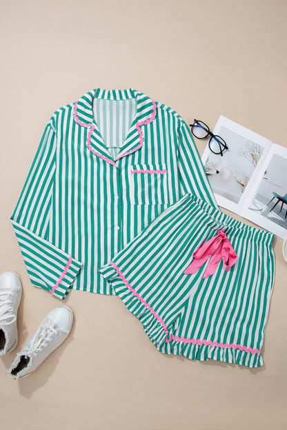 Ricrac Trim Long Sleeve Shirt Drawstring Ruffled Pajama Short Set