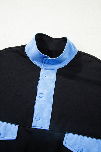 Black Color Block Patchwork Half Button Pullover and Shorts 2pcs Outfit