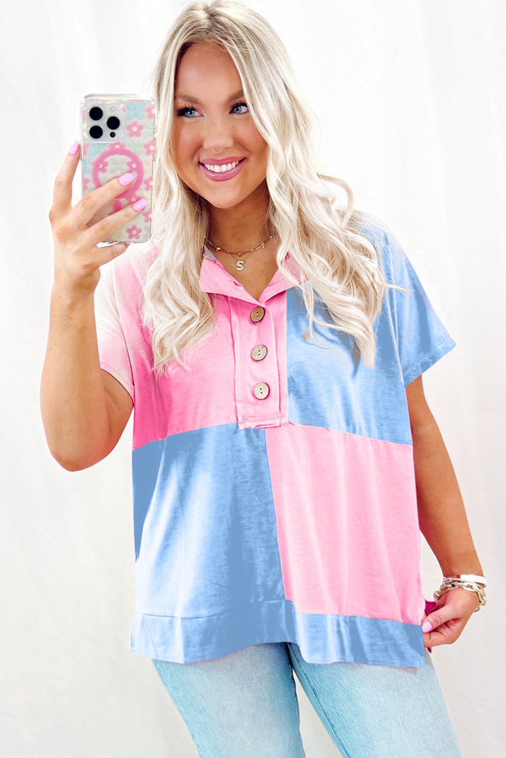 Cotton candy Two Tone Half Buttons Collared T Shirt