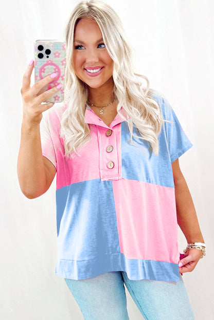 Cotton candy Two Tone Half Buttons Collared T Shirt