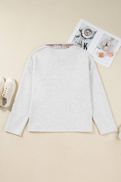 Gray Camo Leaves Patchwork Zipped Collar Pullover Plus Size Sweatshirt