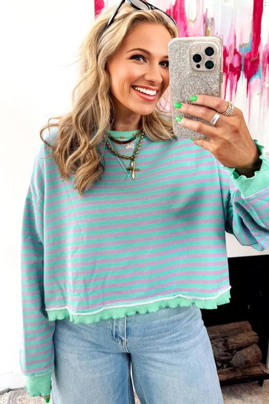 Green Stripe Exposed Seam Contrast Ribbed Trim Oversize Sweatshirt