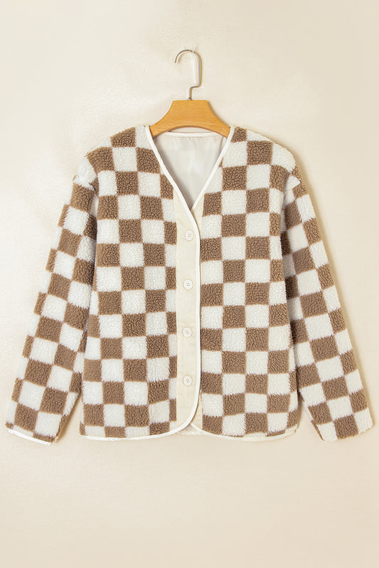 Brown Checkered Sherpa Buttoned Front Chunky Jacket