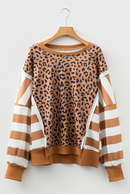 Khaki Stripe Color Block Patchwork Leopard Casual Sweatshirt with Slits