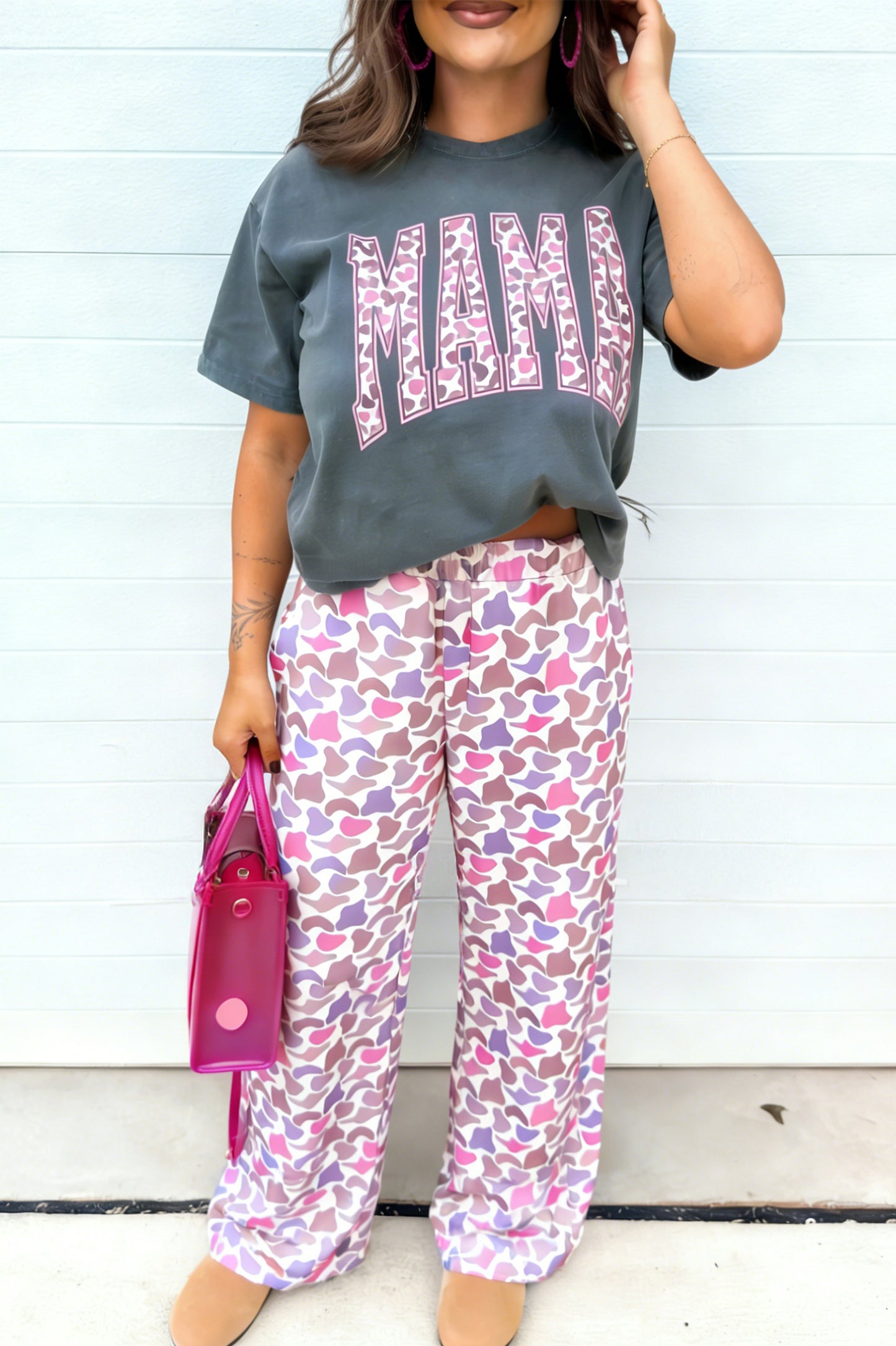 Fun mama  Letter Graphic Tee Camouflage Print Loose Pant Set
