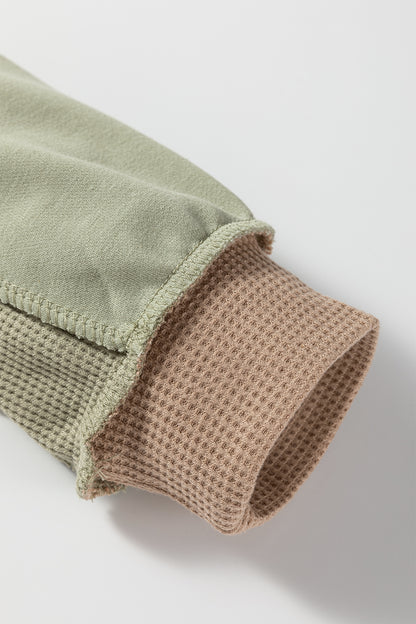 Smoke Green Color Block Mix Texture Waffle Patchwork Oversize Sweatshirt