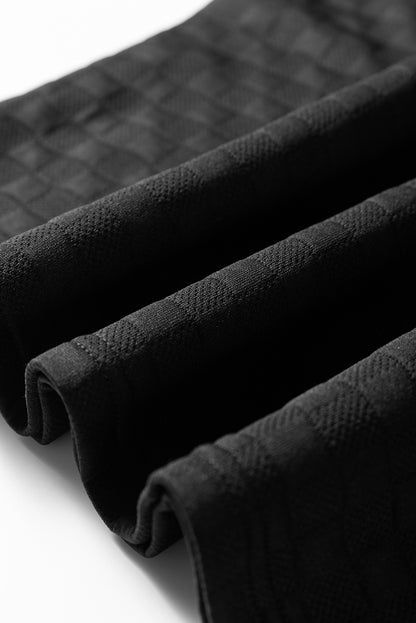 Black Plaid Textured Contrast Checkered Patchwork Long Sleeve Top