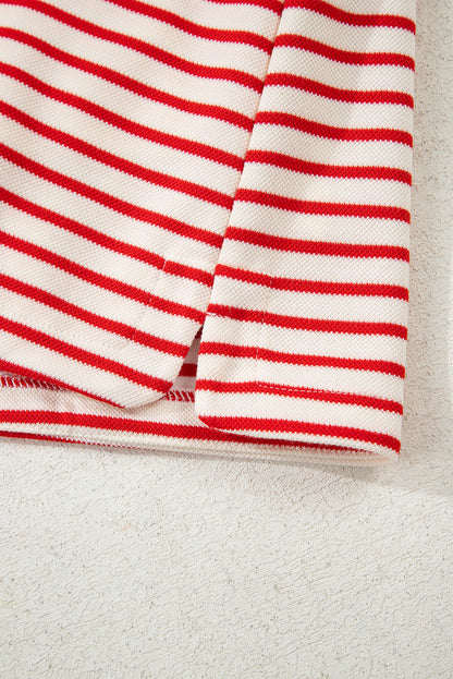 Red Stripe Collared V Neck Drop Shoulder Pullover and Skort 2pcs Outfit