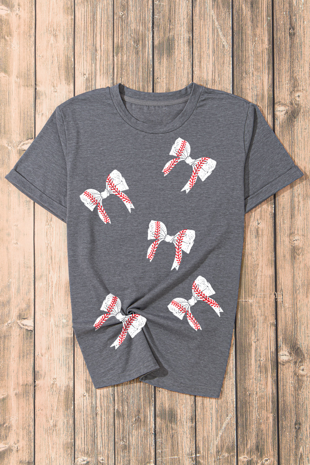 Baseball and Bows Print Crewneck Casual T Shirt