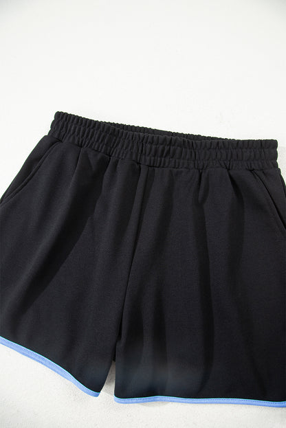 Black Color Block Patchwork Half Button Pullover and Shorts 2pcs Outfit