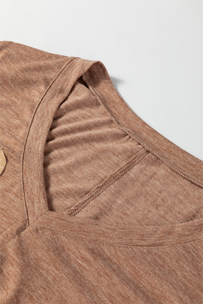 Straw Yellow Floral Patchwork V Neck Long Sleeve T Shirt