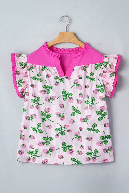 Pink Striped Strawberry Printed Color Block Patchwork V Neck Flutter Sleeve Blouse