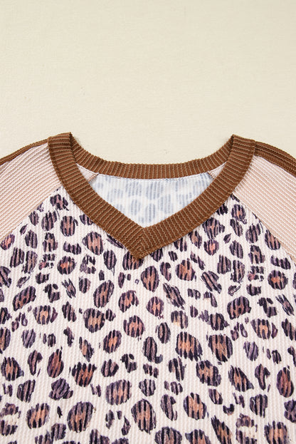 Parchment Leopard Colorblock Patchwork Twist Ribbed Plus Size V Neck Baggy Pullover