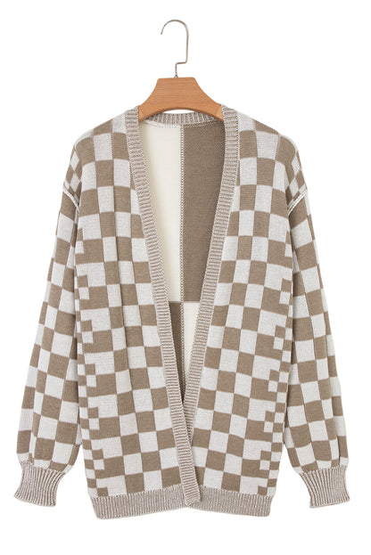 Brown Checkered Open Front Drop Shoulder Cardigan