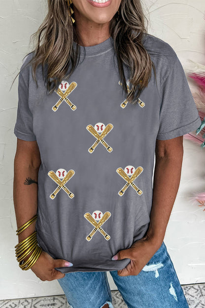 Gray Sequined Baseball Game Day Tee