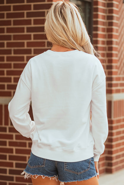 White Sequin Bow Baseball Patched Casual Sweatshirt