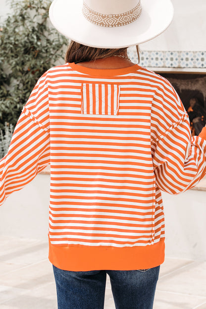 Orange Stripe Exposed Seam Drop Shoulder Casual Pullover Top