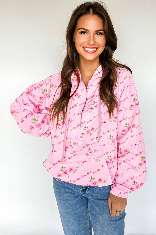 Pink Floral Print Half Zip Kangaroo Pouch Drawstring Hoodie
