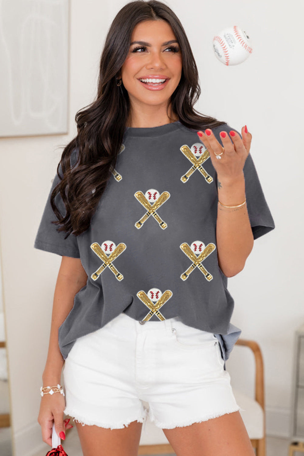 Gray Sequined Baseball Game Day Tee