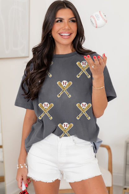 Gray Sequined Baseball Game Day Tee
