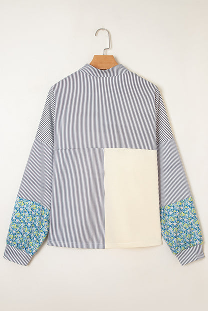 Beige Floral Striped Drop Sleeve Collared Boxy Fit Sweatshirt