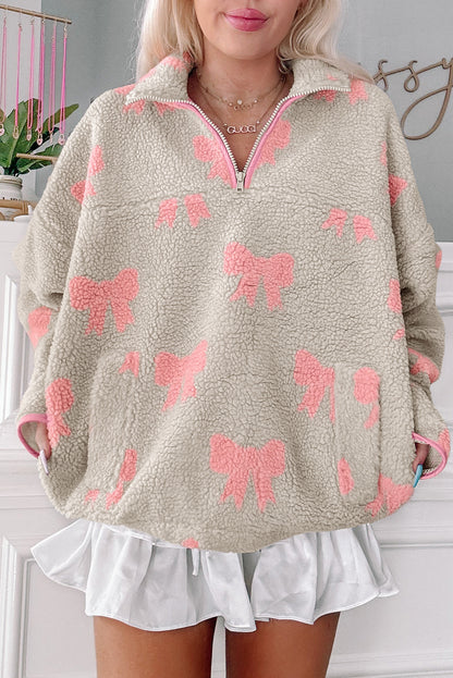 Gray Bow Sherpa Quarter Zip Drop Shoulder Baggy Sweatshirt