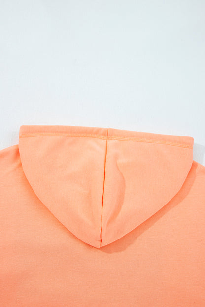 Grapefruit Orange Plaid Floral Patchwork Kangaroo Pocket Hooded Long Sleeve Top