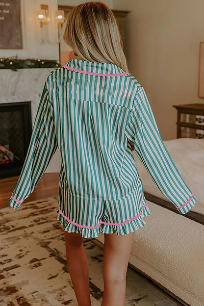 Ricrac Trim Long Sleeve Shirt Drawstring Ruffled Pajama Short Set