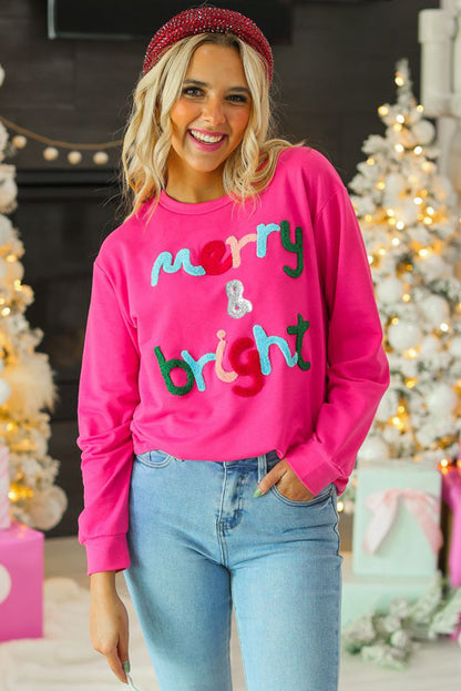 Rose Red Merry & Bright Christmas Letter Graphic Sweatshirt