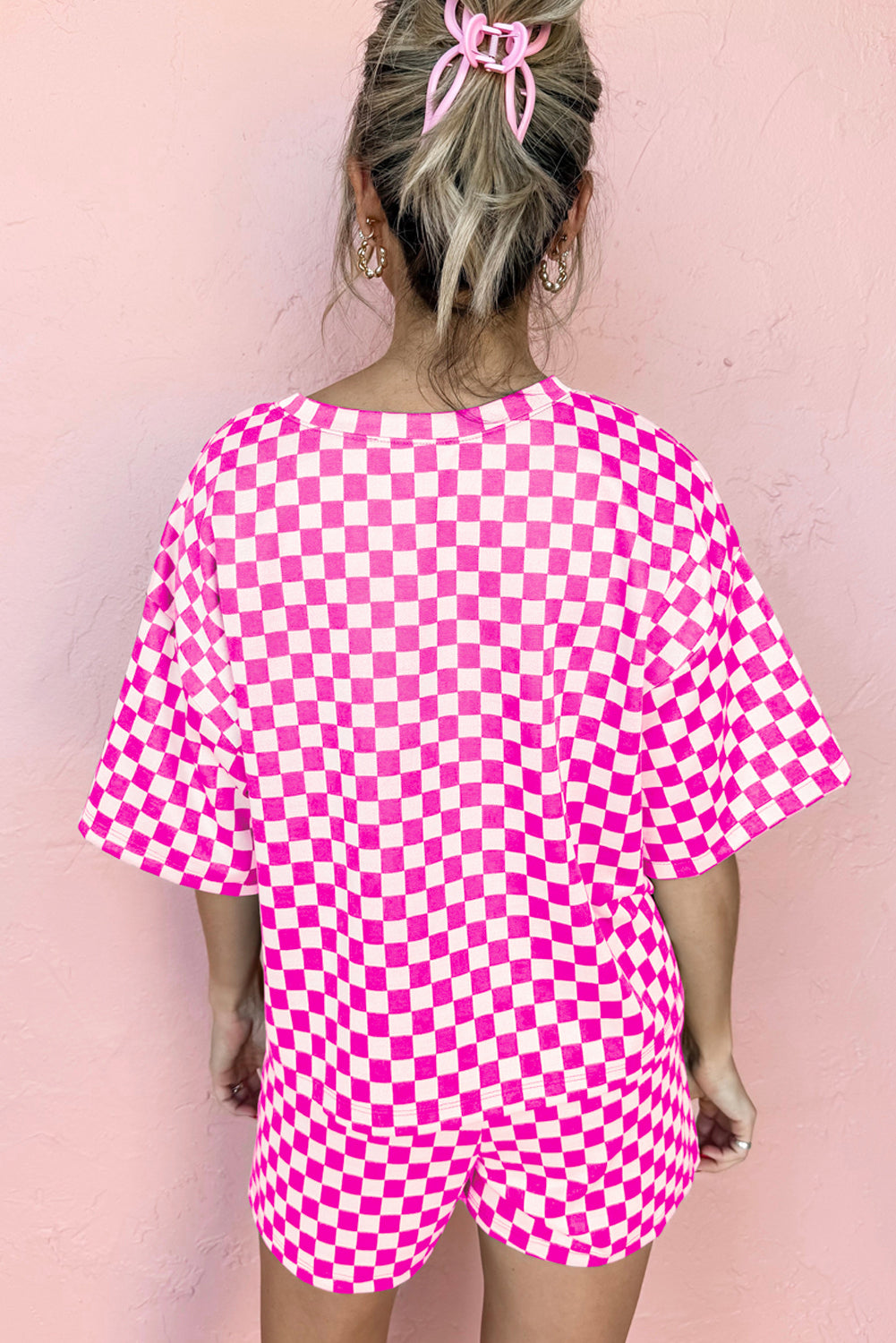 Rose Checkered Top and Short Casual Two Piece Set