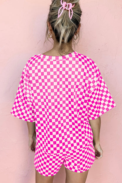 Rose Checkered Top and Short Casual Two Piece Set