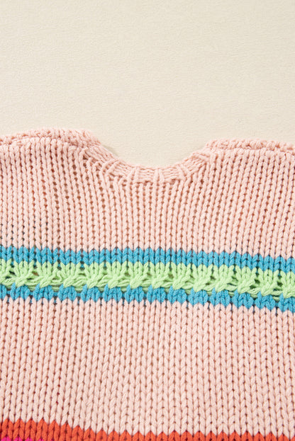 Multicolour Open Front Striped Pattern Knit Oversize Cardigan