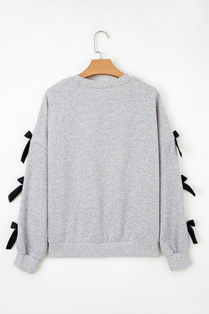 Light Grey Contrast Bow Applique Drop Sleeve Round Neck Sweatshirt