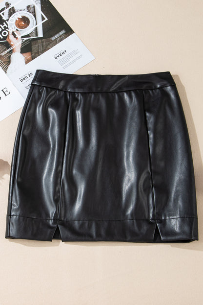 Black Leather Side Slits Slim Fit High Waist Mini Skirt