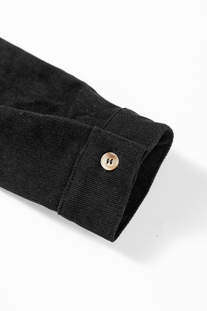 Black Corduroy Half Button Collared Long Sleeve Mini Dress