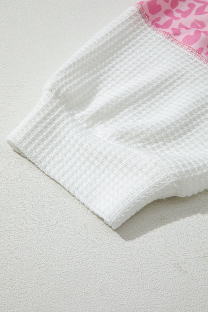 Pink Stripe Leopard Patchwork Waffle Knit Buttoned Plus Size Hoodie