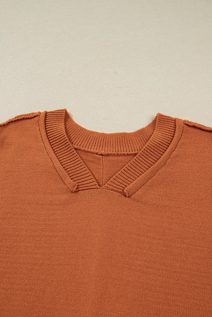 Desert Gold Colorblock Raw Edge Bubble Sleeve V Neck Sweater