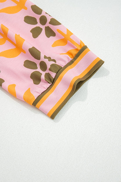 Pink Floral Print Zip Neck Striped Patchwork Long Sleeve Drawstring Dress