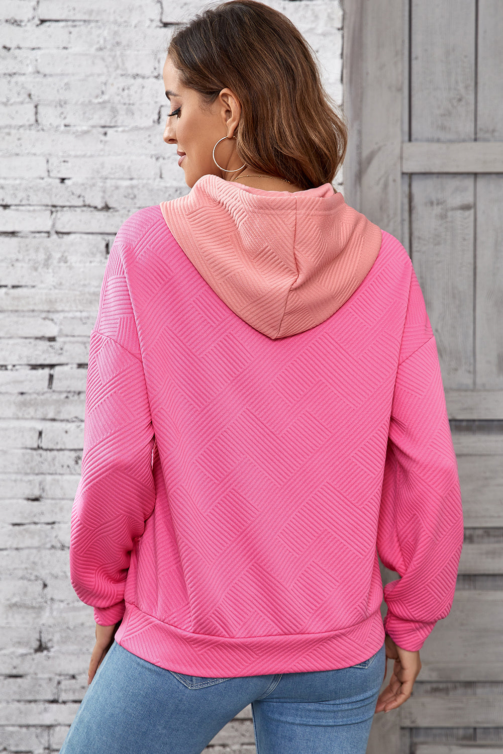 Pink Textured Color Block Pocket Drop Shoulder Hoodie