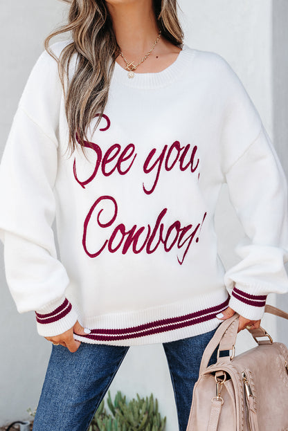 White See You Cowboy Embroidered Western Graphic Sweater