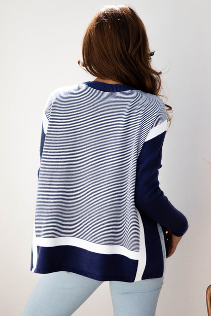 Blue Stripe Color Block Patchwork Dolman Oversize Tunic Sweater