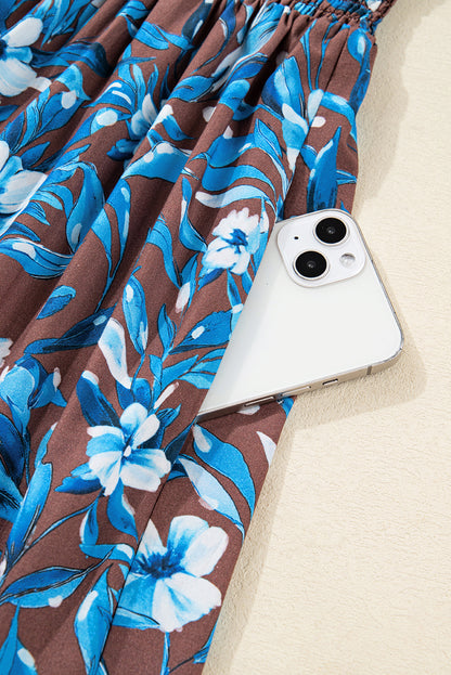 Blue Smocked Bodice High Waist Ruffled Sleeve Floral Dress