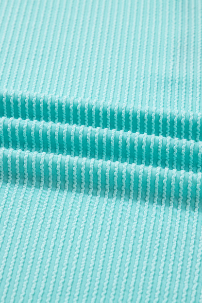 Aruba Blue Twist Ribbed Color Block Plaid Patchwork Plus Size Long Sleeve Top