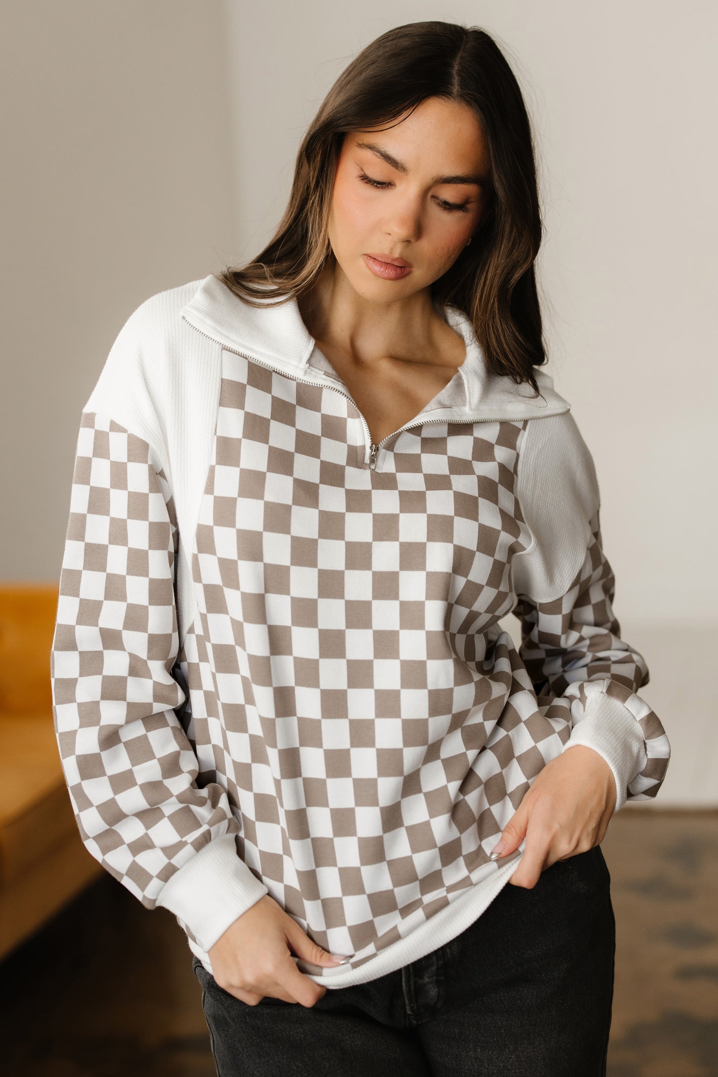 Khaki Checkered Print Quarter Zip Ribbed Patchwork Loose Sweatshirt