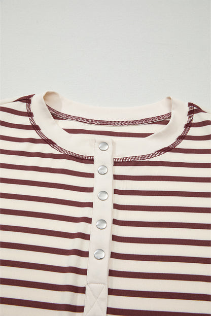 Red Dahlia Striped Print Drop Shoulder Long Sleeve Henley Top