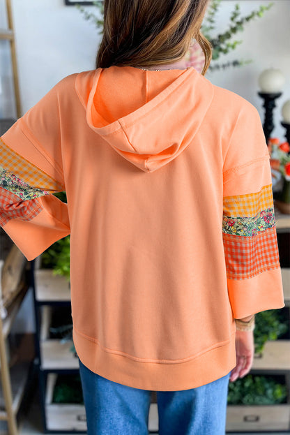 Grapefruit Orange Plaid Floral Patchwork Kangaroo Pocket Hooded Long Sleeve Top