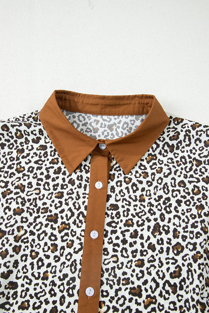 Khaki Plus Size Button V Neck Leopard Print Puff Sleeve Loose Mini Dress